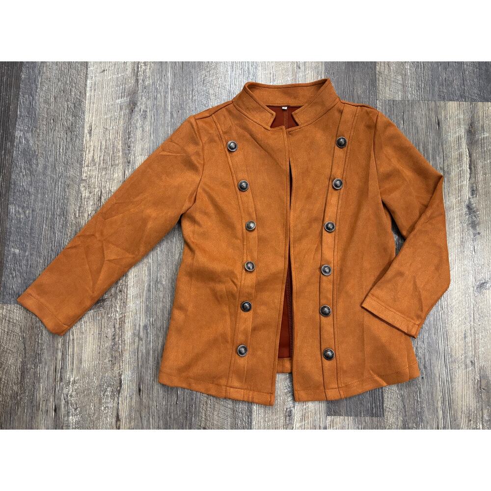 Burnt Orange Faux Suede Military Blazer Jacket Mandarin Collar Womens M